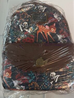 Disney Navy Floral Bambi Mini Backpack with Brown Trim